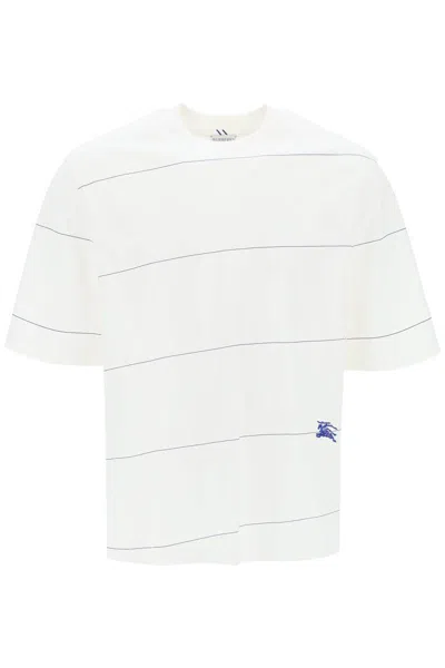 Shop Burberry Striped T-shirt With Ekd Embroidery In Bianco