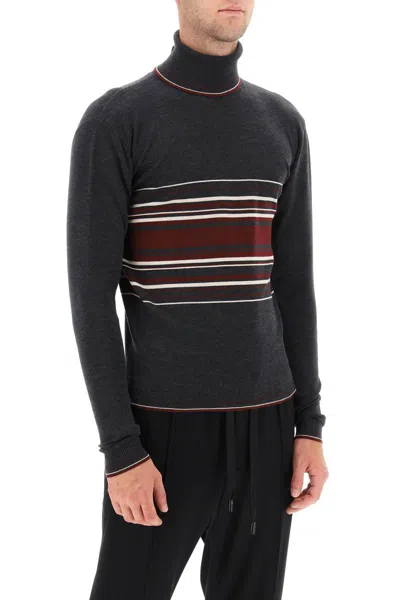 Shop Dolce & Gabbana Striped Wool Turtleneck Sweater In Grigio