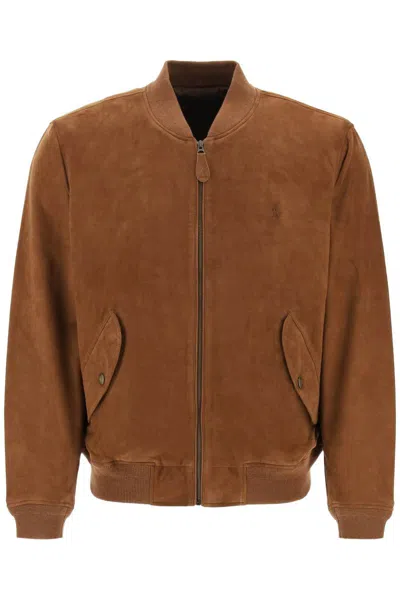 Shop Polo Ralph Lauren Suede Leather Bomber Jacket In Marrone