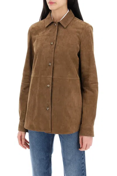 Shop Totême Suede Leather Overshirt For In Marrone
