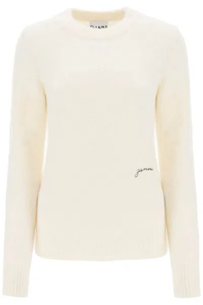 Shop Ganni Sweater In Brushed Alpaca Blend In Bianco