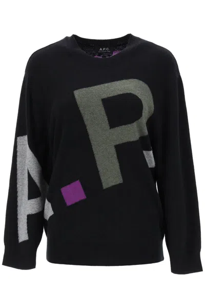 Shop Apc Sweater In Virgin Wool With Logo Pattern In Nero