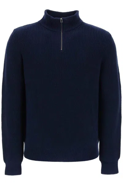 Shop Apc Sweater With Partial Zipper Placket In Blu