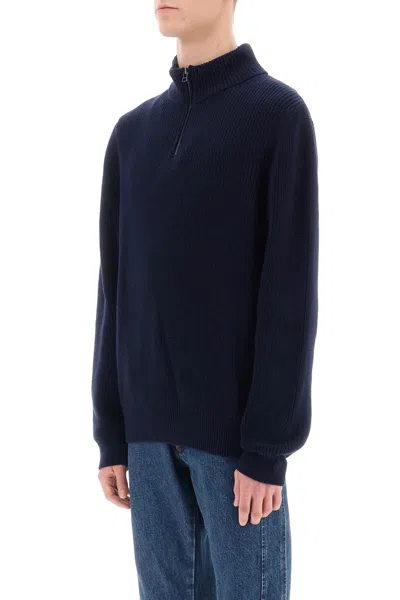 Shop Apc Sweater With Partial Zipper Placket In Blu