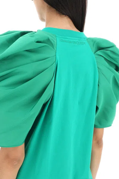 Shop Alexander Mcqueen T-shirt With Ruched Balloon Sleeves In Poly Faille In Verde