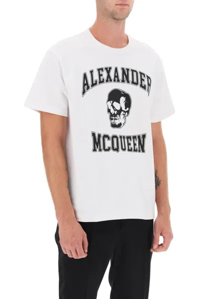 Shop Alexander Mcqueen T-shirt With Varsity Logo And Skull Print In Bianco