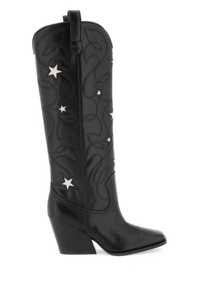 Shop Stella Mccartney Texan Boots With Star Embroidery In Nero