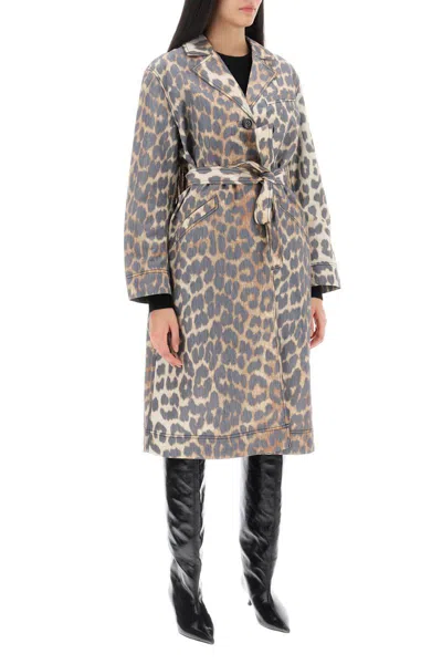 Shop Ganni Trench Coat In Leopard Faille In Beige