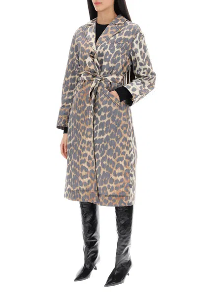 Shop Ganni Trench Coat In Leopard Faille In Beige
