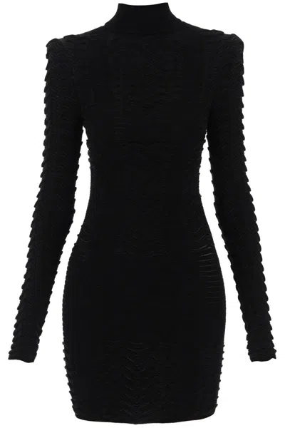 Shop Balmain Turtleneck Mini Dress In Texturized Knit In Nero