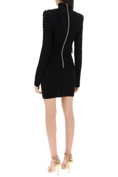 Shop Balmain Turtleneck Mini Dress In Texturized Knit In Nero