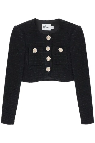 Shop Self-portrait Tweed Cropped Jacket With Diamanté Buttons In Blu