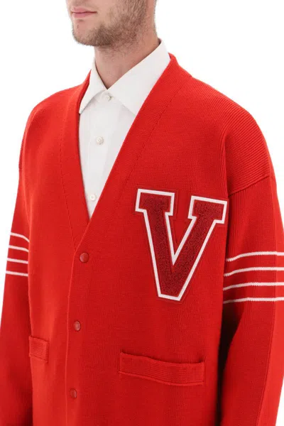 Shop Valentino V Patch Wool Cardigan In Rosso