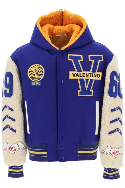 Shop Valentino Varsity Bomber Jacket With Shearling Sleeves In Blu