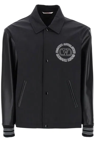 Shop Valentino Varsity Jacket With Leather Sleeves In Nero
