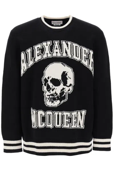 Shop Alexander Mcqueen Varsity Sweater With Skull Motif In Nero