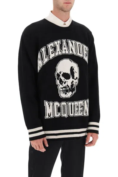 Shop Alexander Mcqueen Varsity Sweater With Skull Motif In Nero