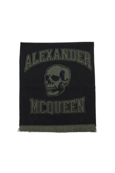 Shop Alexander Mcqueen Varsity Logo Wool Scarf In Nero