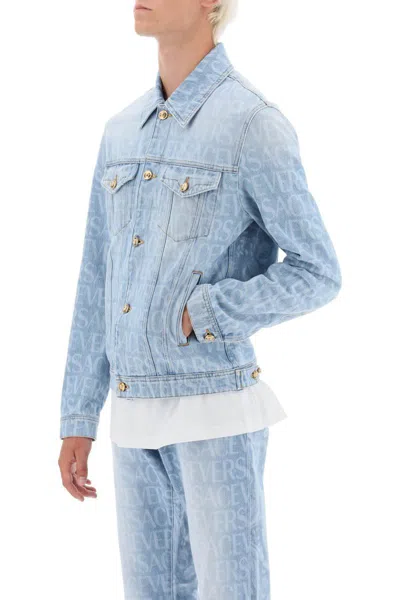 Shop Versace Allover Denim Jacket In Blu