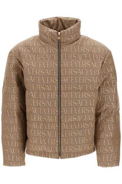 Shop Versace Allover Down Jacket In Marrone