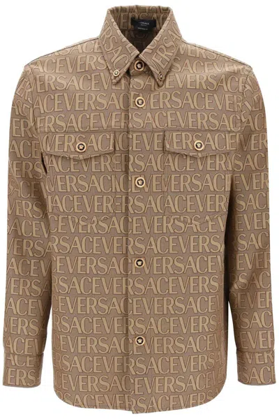 Shop Versace Allover Overshirt Jacket In Marrone