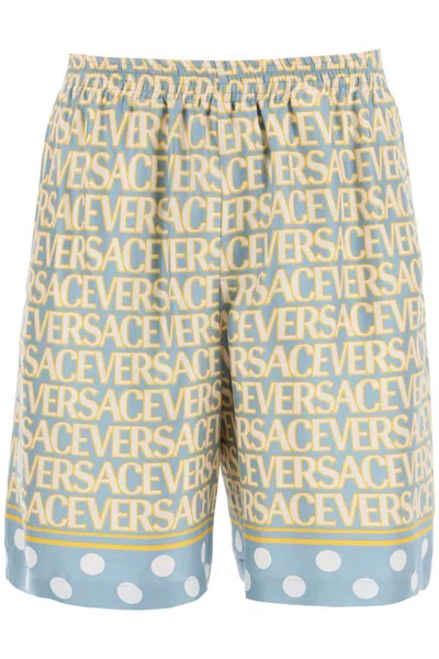 Shop Versace Allover Silk Shorts In Celeste