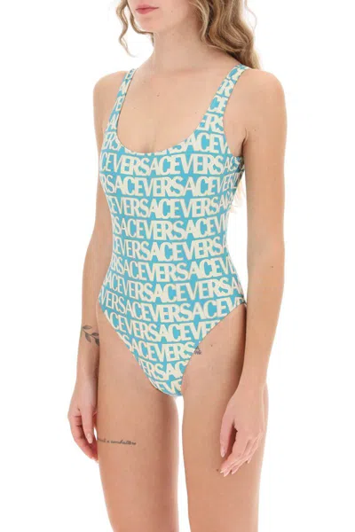 Shop Versace Allover One-piece Swimwear In Celeste