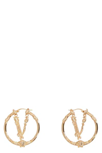 Shop Versace Virtus Logo Hoop Earrings In Gold