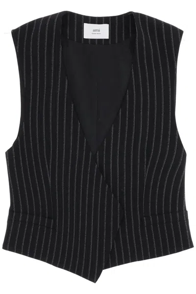 Shop Ami Alexandre Mattiussi Virgin Wool Pinstripe Waistcoat In Nero