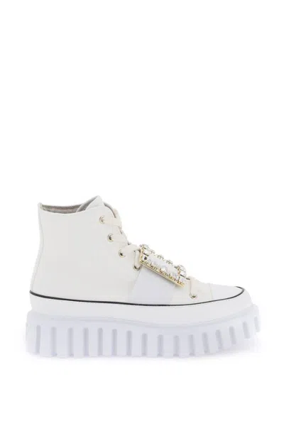 Shop Roger Vivier Viv' Go-thick Canvas High-top Sneakers With Buckle In Bianco