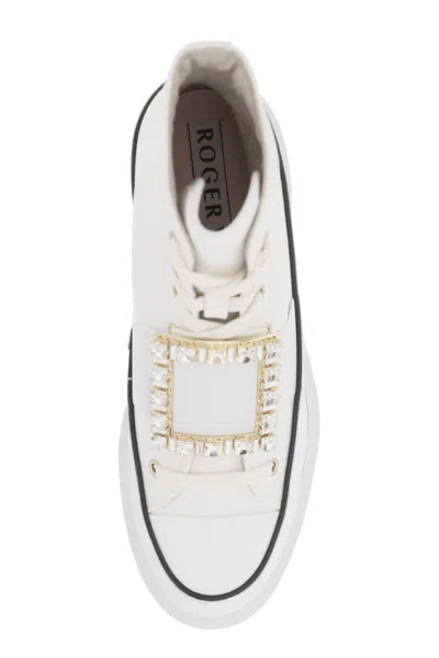 Shop Roger Vivier Viv' Go-thick Canvas High-top Sneakers With Buckle In Bianco