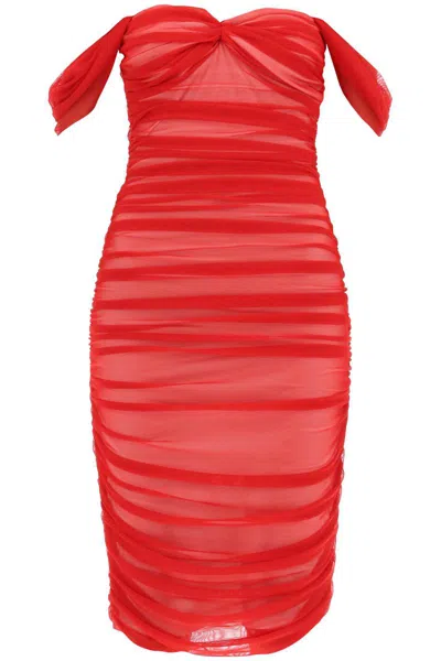 Shop Norma Kamali Walter Draped Mesh Dress In Rosso