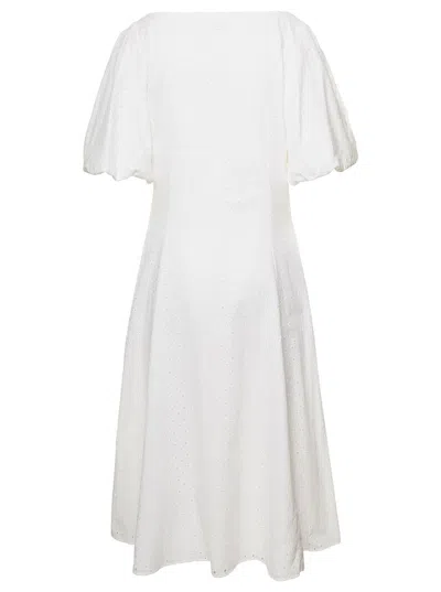 Shop Kenzo White Puff Sleeve Embroidered Midi Dress In Cotton Woman