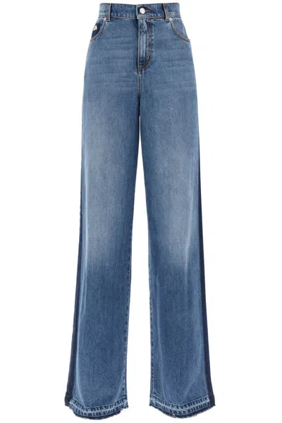 Shop Alexander Mcqueen Wide Leg Jeans With Contrasting Details In Blu