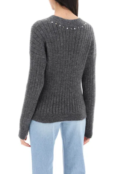 Shop Alessandra Rich Wool Knit Sweater With Studs And Crystals In Grigio
