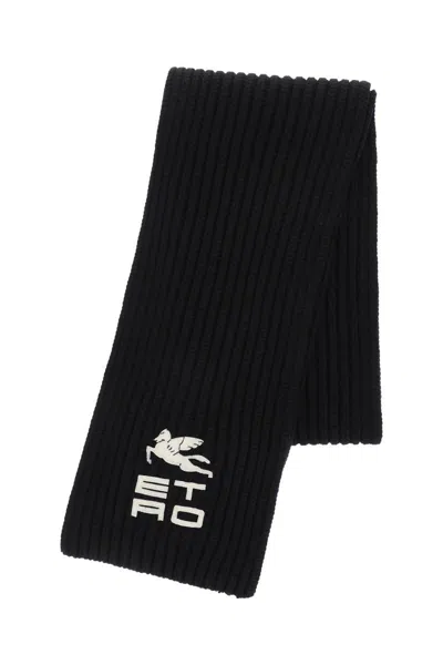 Shop Etro Wool Scarf With Logo In Nero