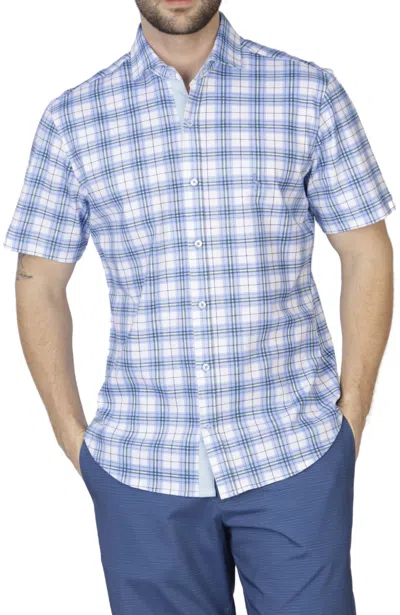 Shop Tailorbyrd Blue & Green Windowpane Knit Short Sleeve Getaway Shirt In Multi