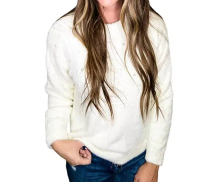 Shop Kori Beaded Fluffy Knit Sweater Top In Pearl In White