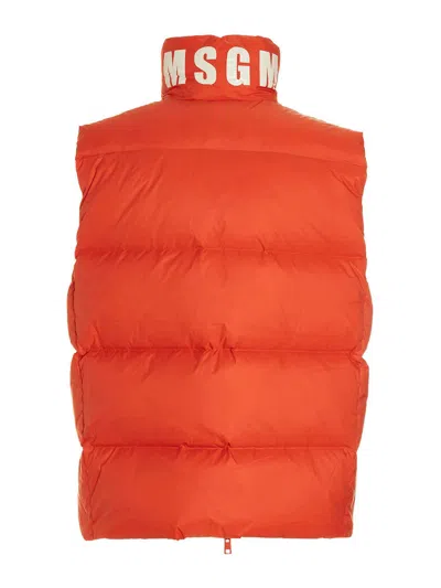 Msgm Logo Embroidered High Collar Padded Jackets In Orange