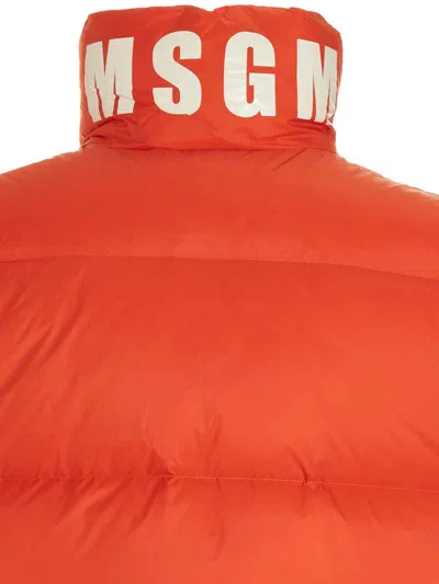 Msgm Logo Embroidered High Collar Padded Jackets In Orange