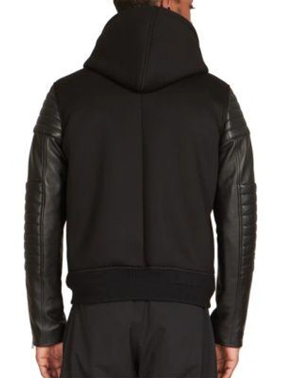 Shop Givenchy Neoprene Leather Hooded Bomber Jacket In Black