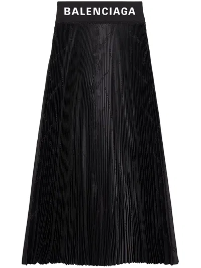 Shop Balenciaga Logo Waistband Pleated Skirt In Black
