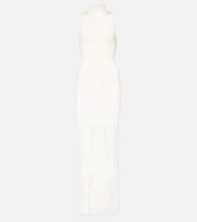 Shop Khaite Zare Fringed Ribbed-knit Maxi Dress In Weiss