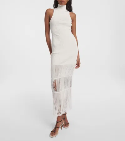 Shop Khaite Zare Fringed Ribbed-knit Maxi Dress In Weiss