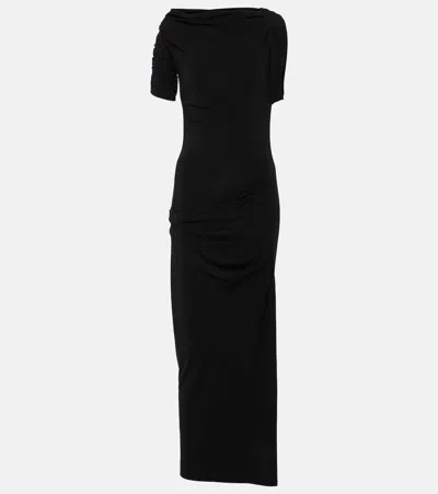 Jacquemus Asymmetric Neck Twist Midi Dress With Ruched Detailing In Schwarz