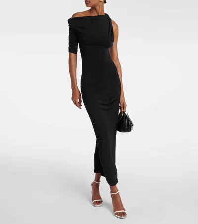 Jacquemus Asymmetric Neck Twist Midi Dress With Ruched Detailing In Schwarz