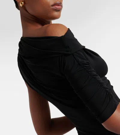 Jacquemus Asymmetric Neck Twist Midi Dress With Ruched Detailing In Schwarz