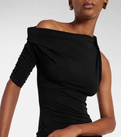 Jacquemus Asymmetric Neck Twist Midi Dress With Ruched Detailing In Schwarz
