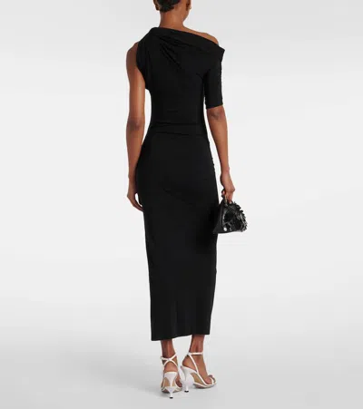 Jacquemus Asymmetric Neck Twist Midi Dress With Ruched Detailing In Schwarz
