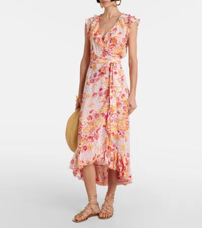 Shop Poupette St Barth Aude Ruffled Floral Wrap Dress In Pink